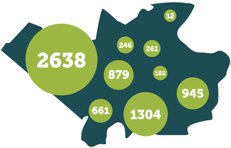 Grafik einer Karte mit Zahlen in Kreisen, die verschiedene Datenpunkte darstellen. Die größte Zahl ist 2638, gefolgt von weiteren Werten wie 879, 1304 und 945.