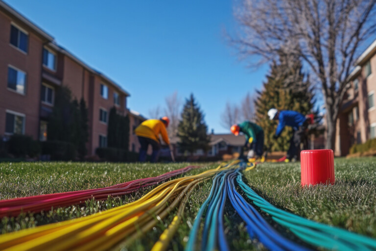 Arbeiter verlegen bunte Kabel auf einem Rasen vor Wohngebäuden an einem sonnigen Tag.