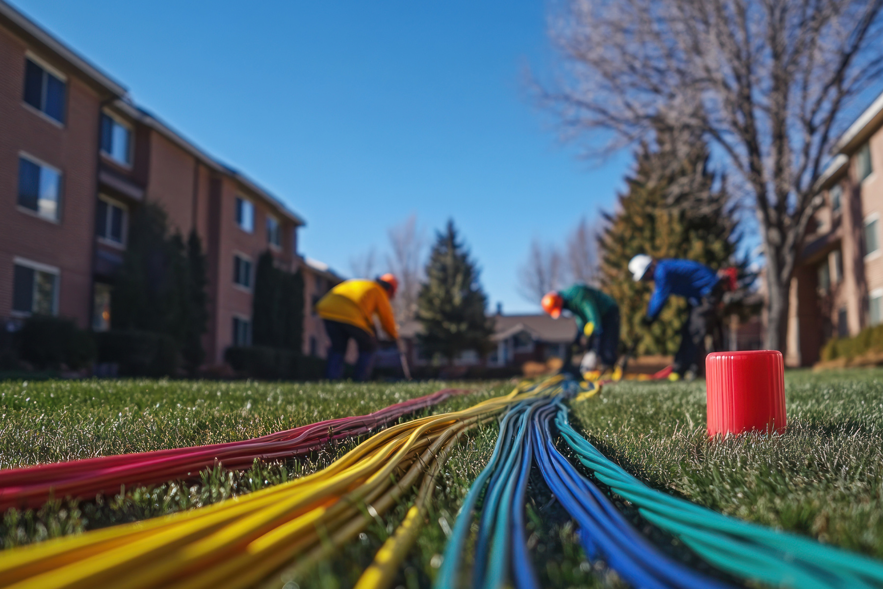Arbeiter verlegen bunte Kabel auf einem Rasen vor Wohngebäuden an einem sonnigen Tag.