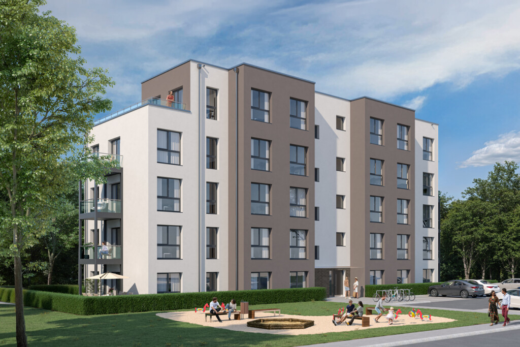 Moderne Wohnanlage mit fünf Stockwerken, umgeben von Grünflächen und Spielplatz, ideal für Familien.