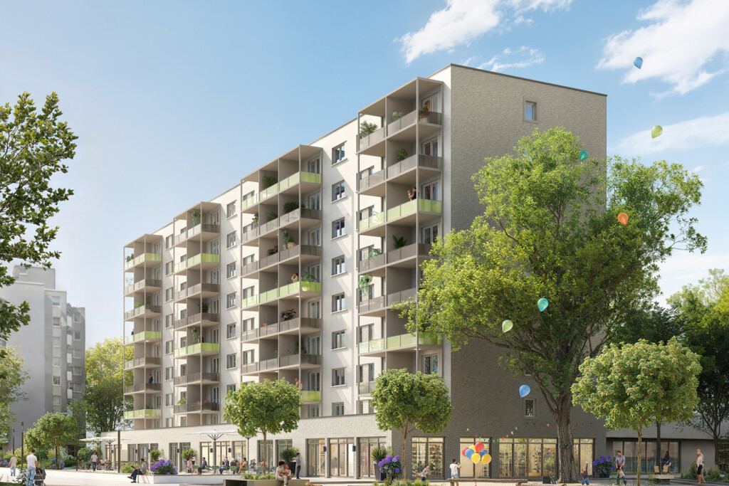 Moderne Wohnanlage mit mehreren Etagen, grünen Balkonen und angrenzendem Park. Die Umgebung ist lebhaft mit Menschen und Bäumen, ideal für Familien.