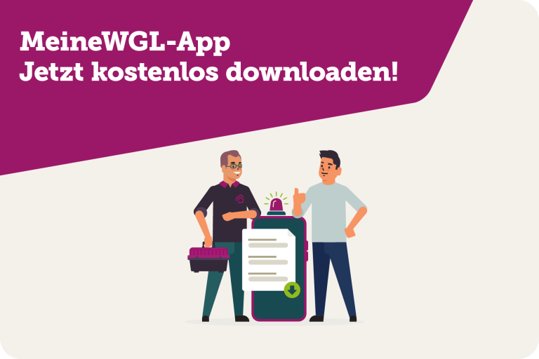 Mann mit Werkzeugkiste und Smartphone zeigt auf die MeineWGL-App, die kostenlos heruntergeladen werden kann.