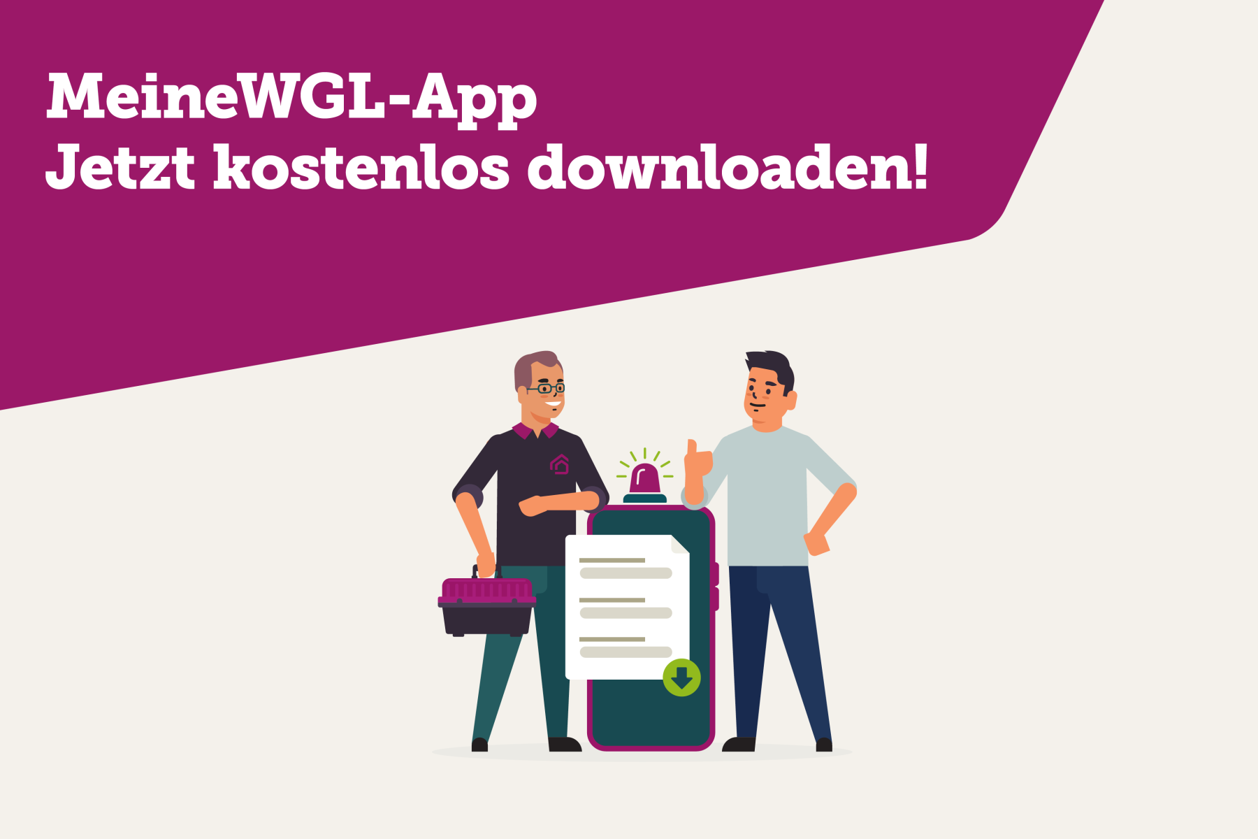 Mann mit Werkzeugkiste und Smartphone zeigt auf die MeineWGL-App, die kostenlos heruntergeladen werden kann.